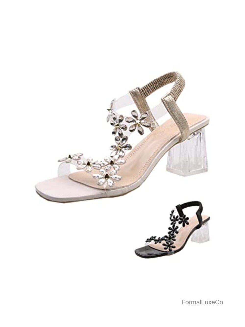 Rhinestone Flower Block Heel Sandals Elastic Ankle Strap Chunky Heel